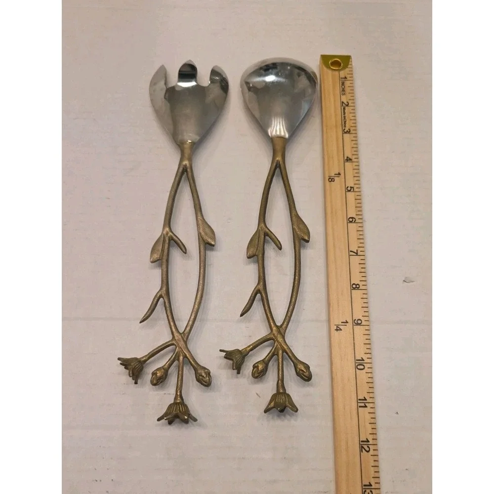 Vintage Brass Twig Salad Servers Set Stainless Steel Floral Flower Branch